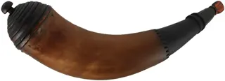 Powder Horn,
12", paneled tip,
patina finish, turned maple base
